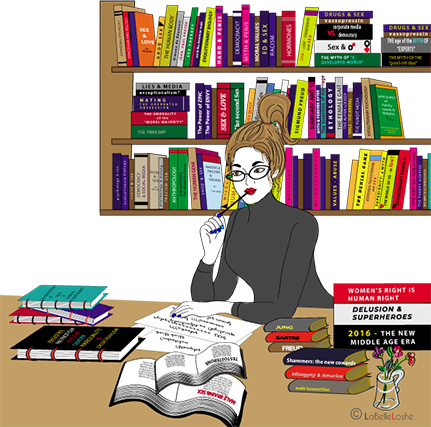 women writing sitting by a desk filled with books