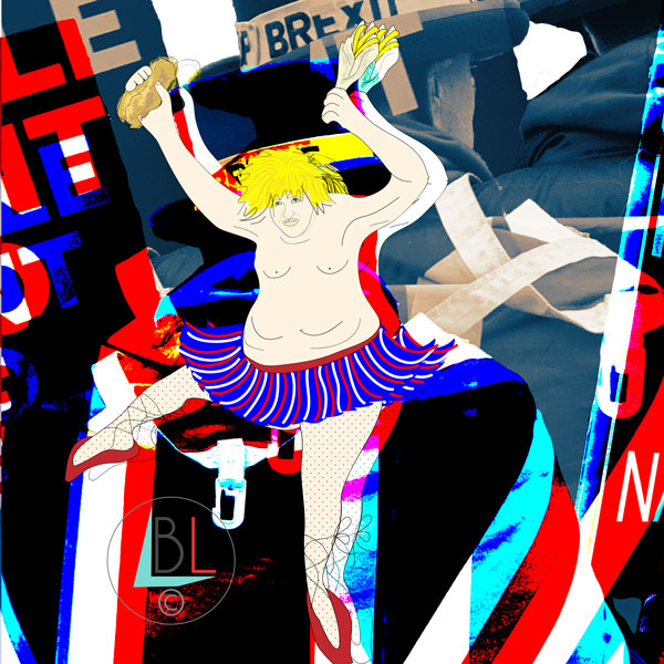 PM Boris dressed as a ballet dancer holding fish and chips