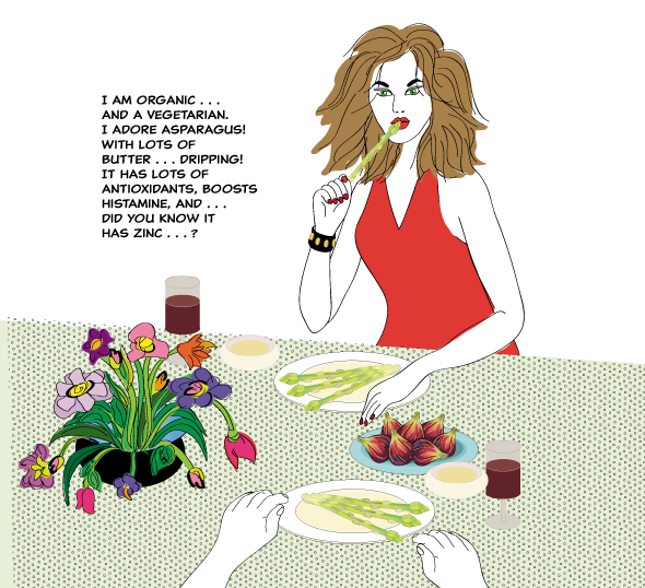 a woman eating asparagus