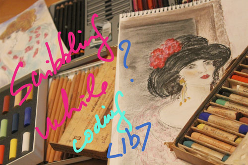 drawings of women and colored pens