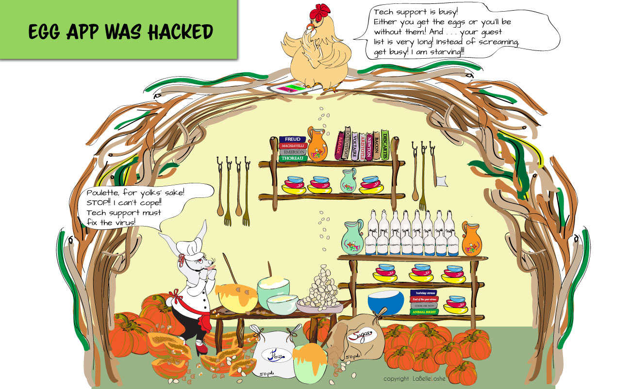 a kitchen scene between the rabbit chef and the chicken who cannot stop having eggs