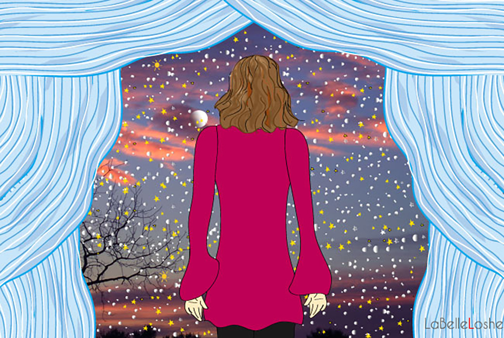 woman standing by the window looking at the sky